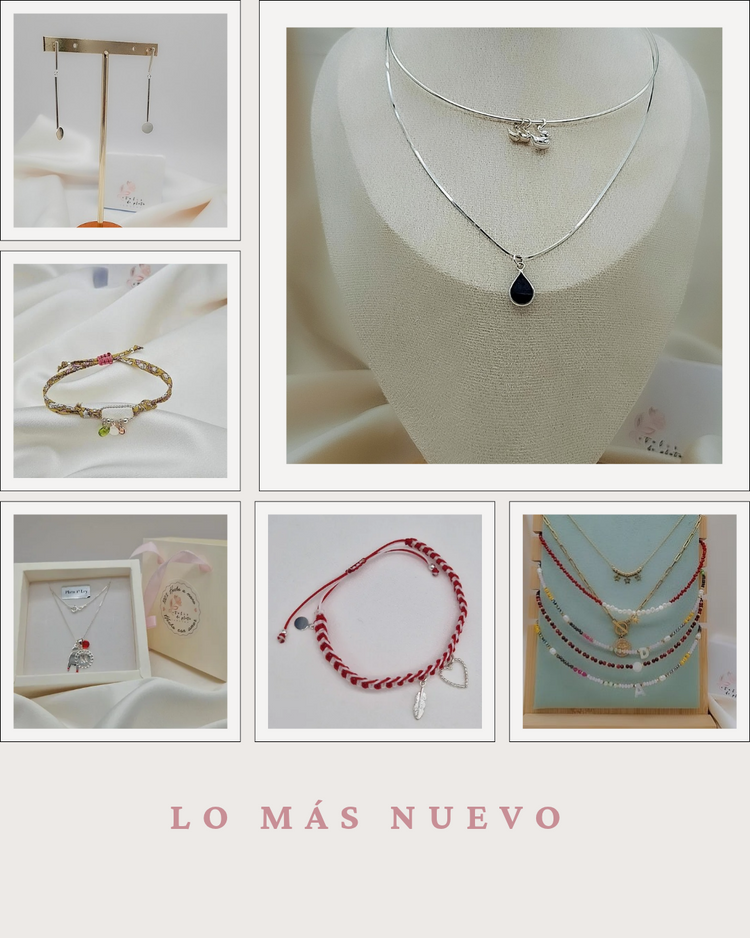 Collage de joyas artesanales: Pétalos de plata, pulseras, collares y pendientes en plata de ley 925 con perlas y piedras naturales: Lo más nuevo de la colección
