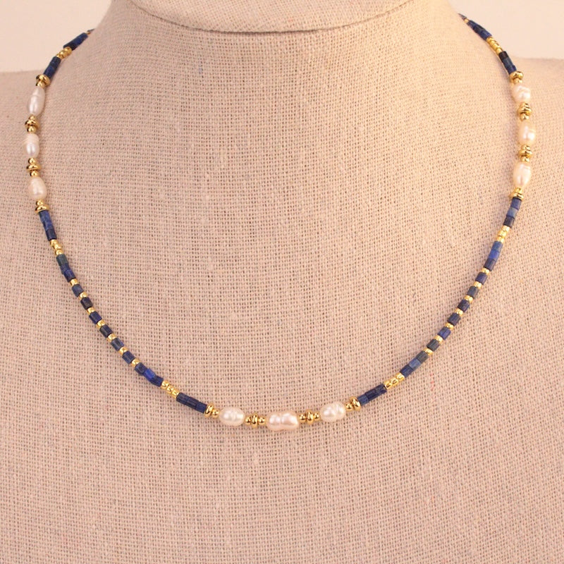 Collar Miyuki azul & Dorado con Perlas